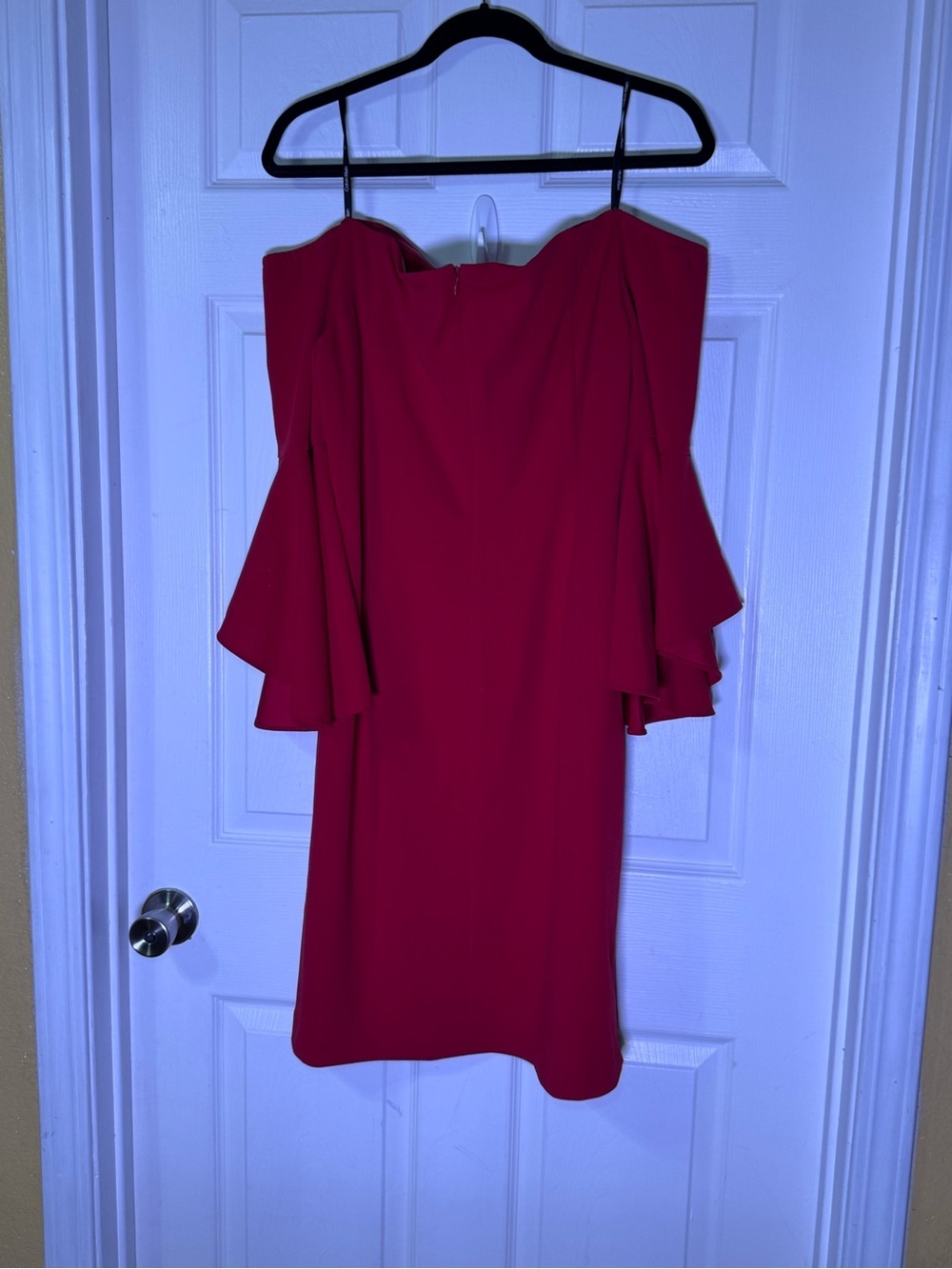 Calvin Klein Red Off-Shoulder Ruffle-Sleeve Sheath Dress - Picture 8 of 11